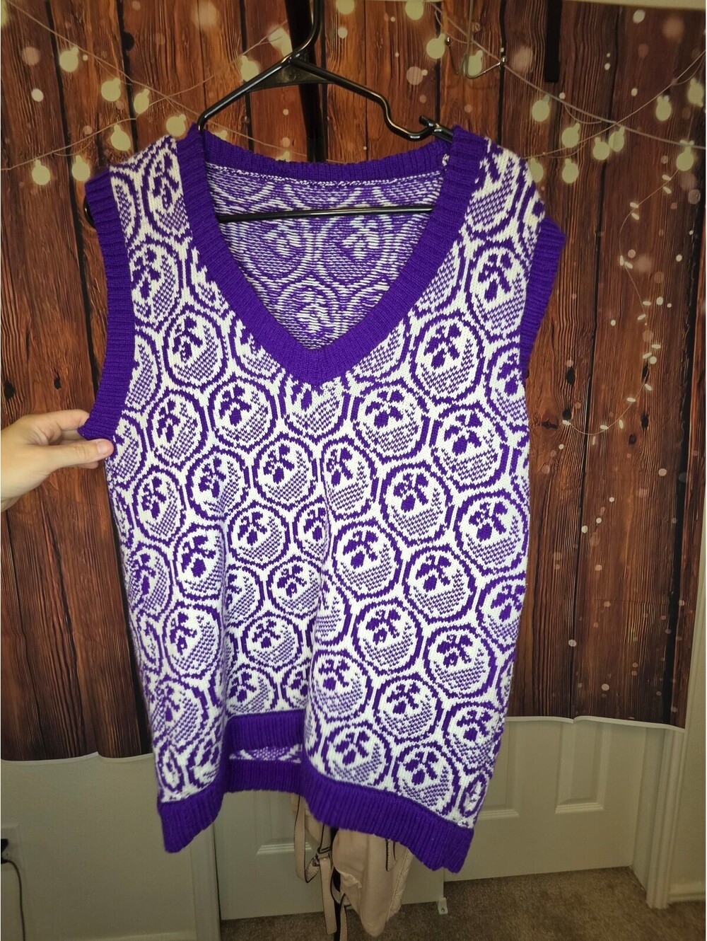Purple and White Patterned Knit Sweater Vest
